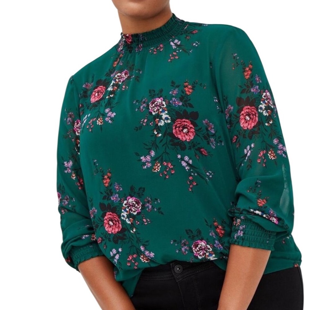 Torrid Chiffon Smocked Mock Neck Floral Blouse Top Green‎ Plus Size 3 US 22/24